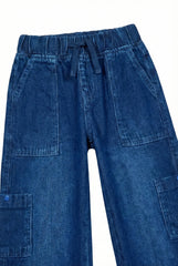 Kids Wide-Leg Denim Cargo Pants (Dark Blue)