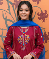 Girls Premium 3-Piece Embroidered Cotton Suit with Net Dupatta – Festive & Casual Wear