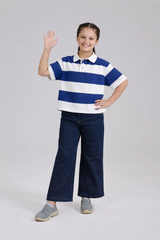 Girl's Retro Blue & White Striped Boxy Fit Polo Shirt