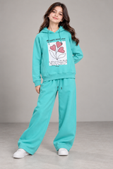 Mint Green Printed Hoodie & Wide-Leg Sweatpants Set for Girls