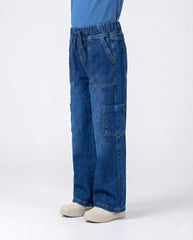 Kids Wide-Leg Denim Cargo Pants (Dark Blue)