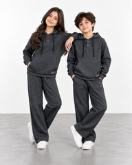 Kids Charcoal Jacquard Interlock Hoodie & Wide-Leg Trouser Set