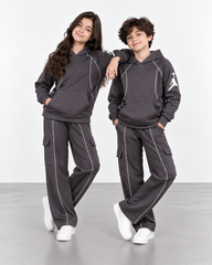 Kids Umber Brown Jacquard NBA Printed Hoodie Cargo Tracksuit – 2 Piece Set