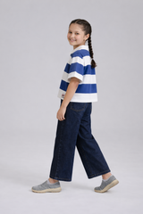 Girl's Retro Blue & White Striped Boxy Fit Polo Shirt