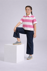 Girl's Pink & White Striped Boxy Fit Polo Shirt