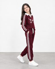 Girls’ Short-Body Tracksuit Set – Wine red Floral Embroidered Sweatshirt & Jogger Pants