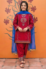 Girls Premium 3-Piece Embroidered Cotton Suit with Net Dupatta – Festive & Casual Wear