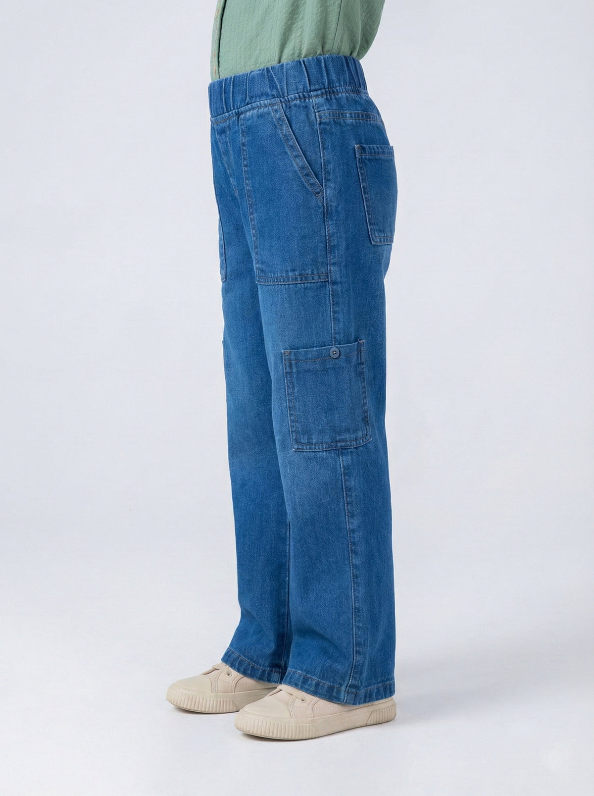 Kids Wide-Leg Denim Cargo Pants (Medium Blue)