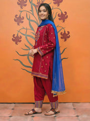 Girls Premium 3-Piece Embroidered Cotton Suit with Net Dupatta – Festive & Casual Wear